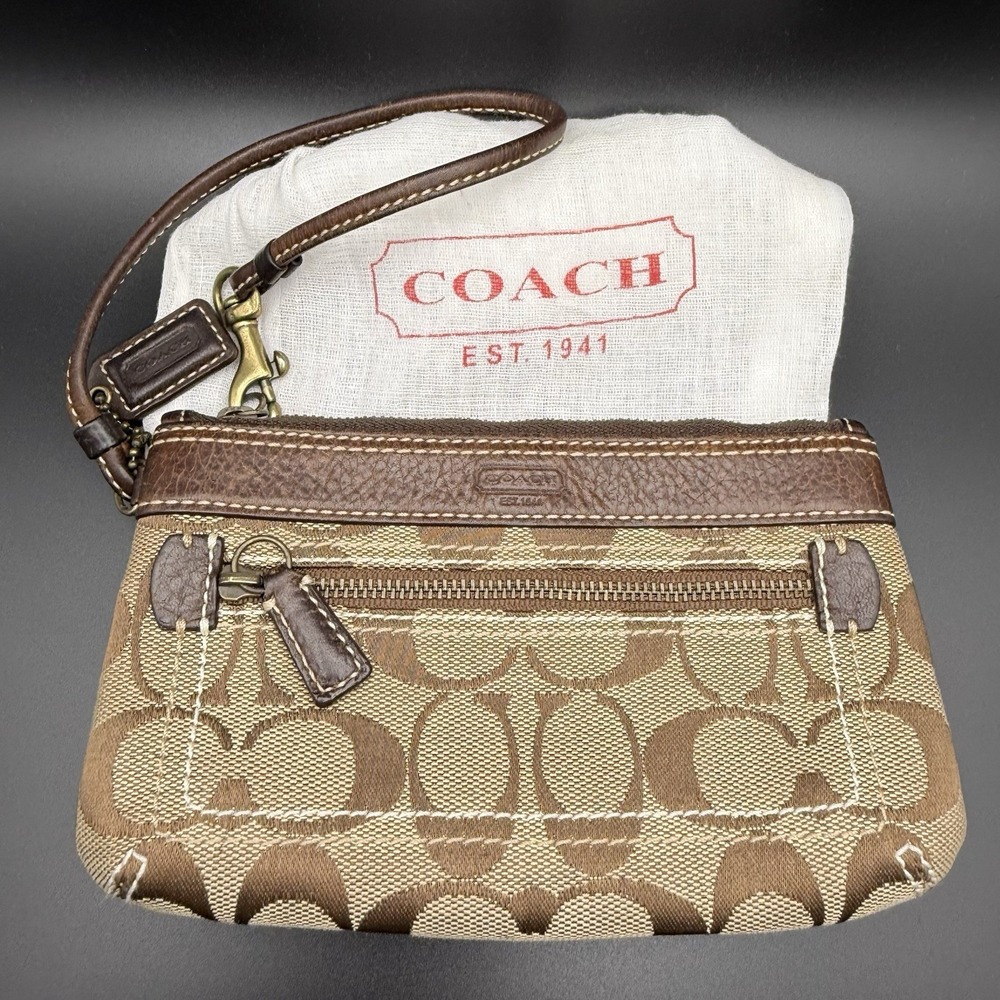 Coach Signature C Jacquard Wristlet Y2K Tan Brown Leather Trim Front Zip Pocket